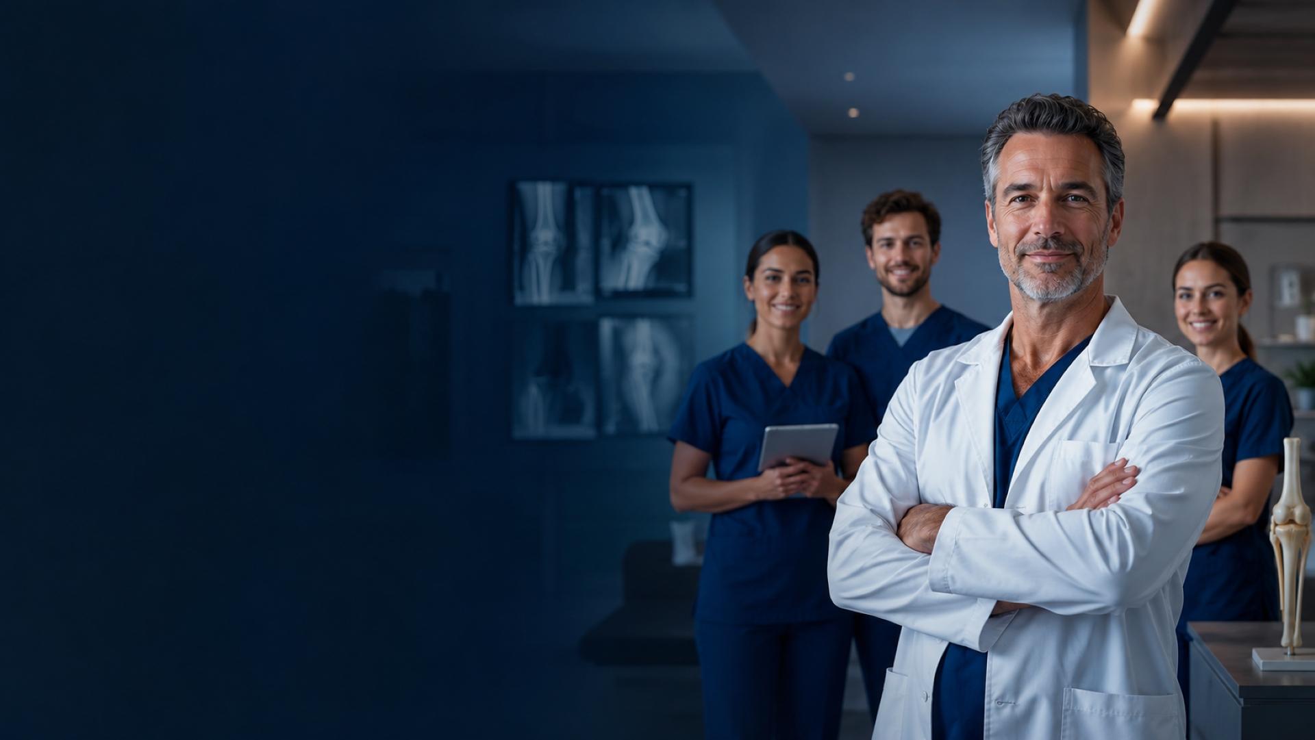 The GTOA clinical team in a consultation room, with orthopedic imaging displayed behind them