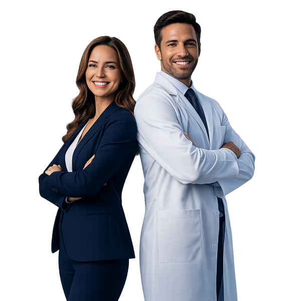 An attorney in a navy suit and a GTOA physician in a white coat standing back to back