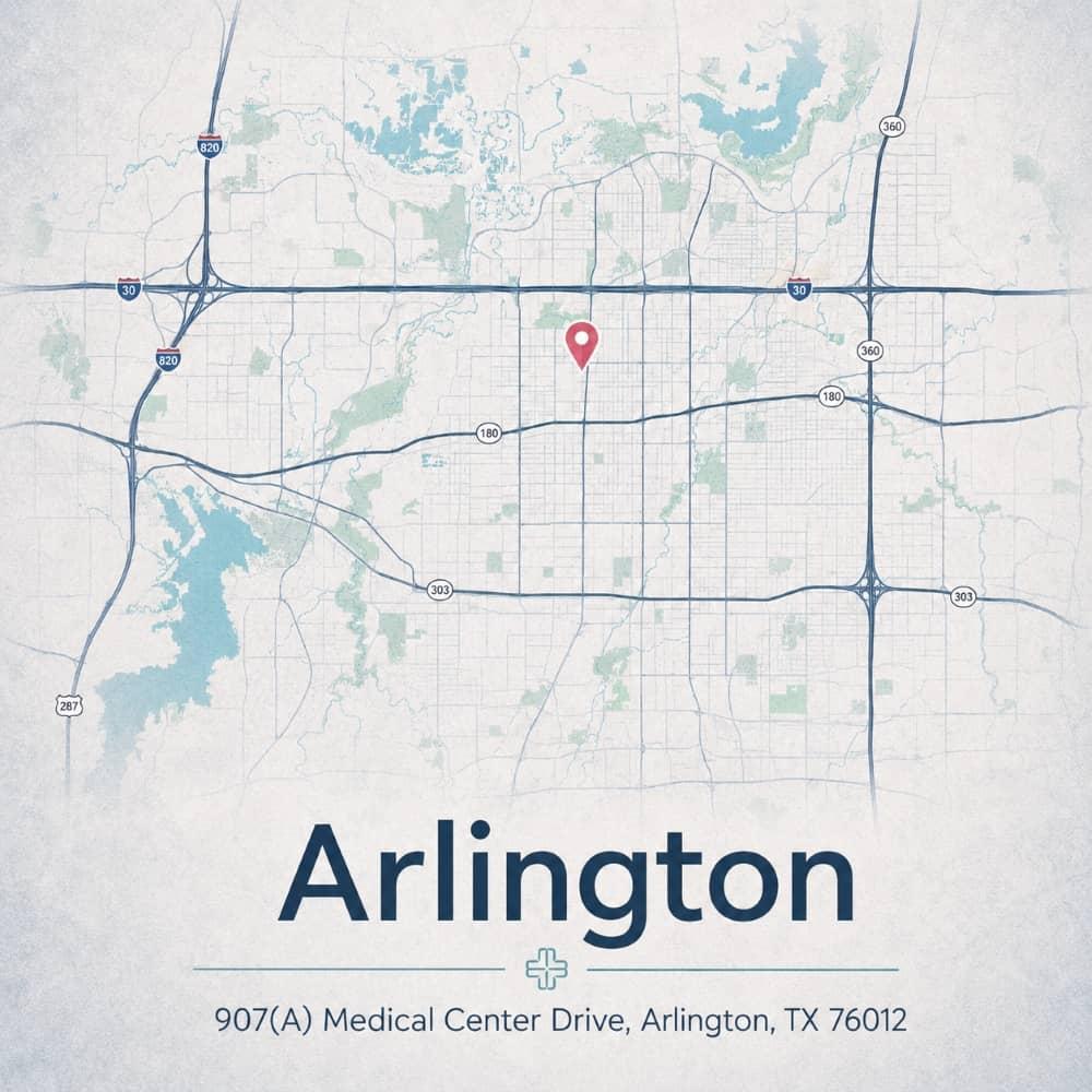 Street map of Arlington marking the GTOA clinic at 907(A) Medical Center Drive