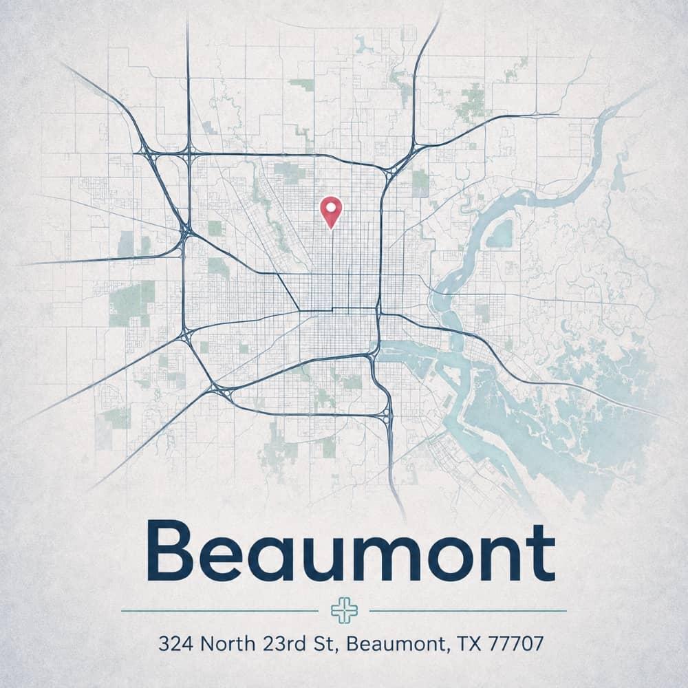 Street map of Beaumont marking the GTOA clinic at 324 North 23rd St