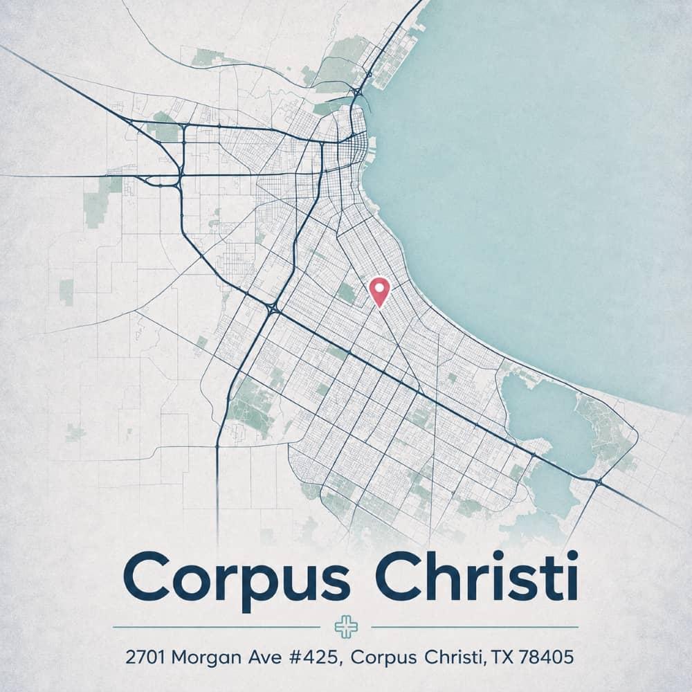 Street map of Corpus Christi marking the GTOA clinic at 2701 Morgan Ave