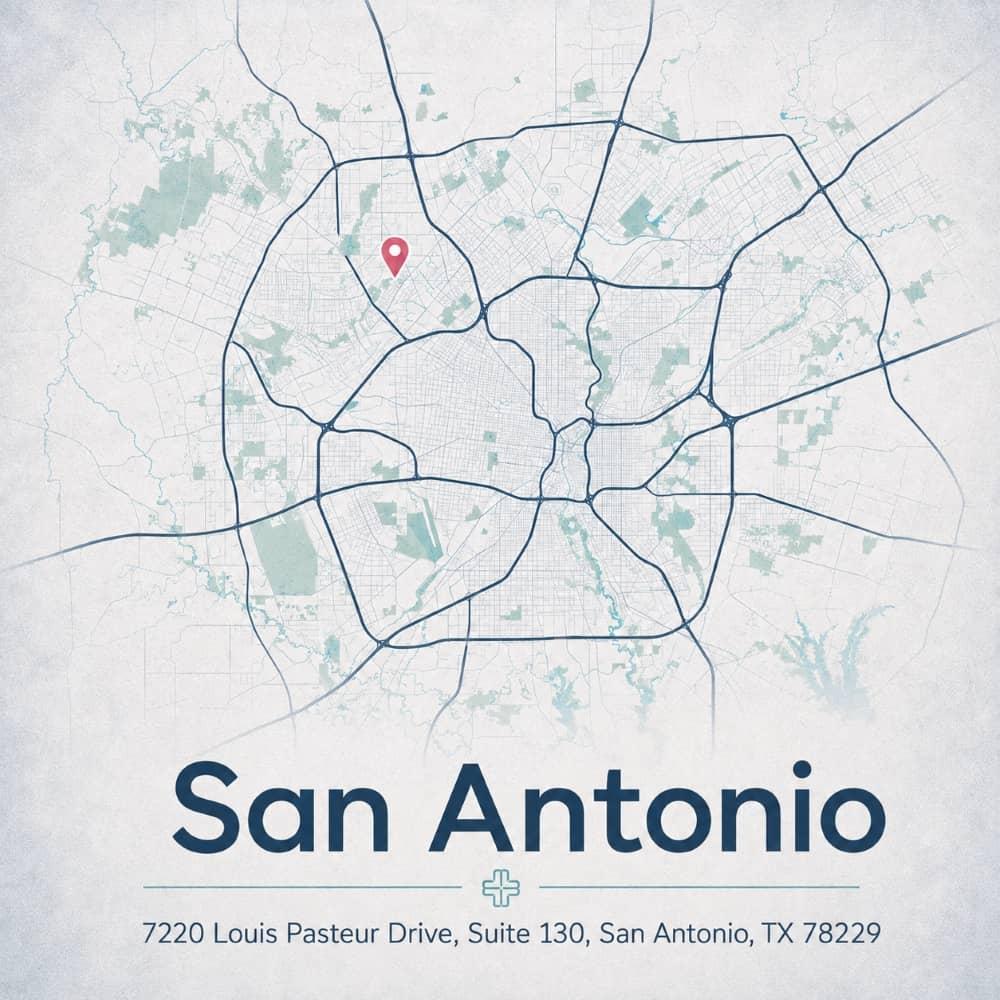 Street map of San Antonio marking the GTOA clinic at 7220 Louis Pasteur Drive