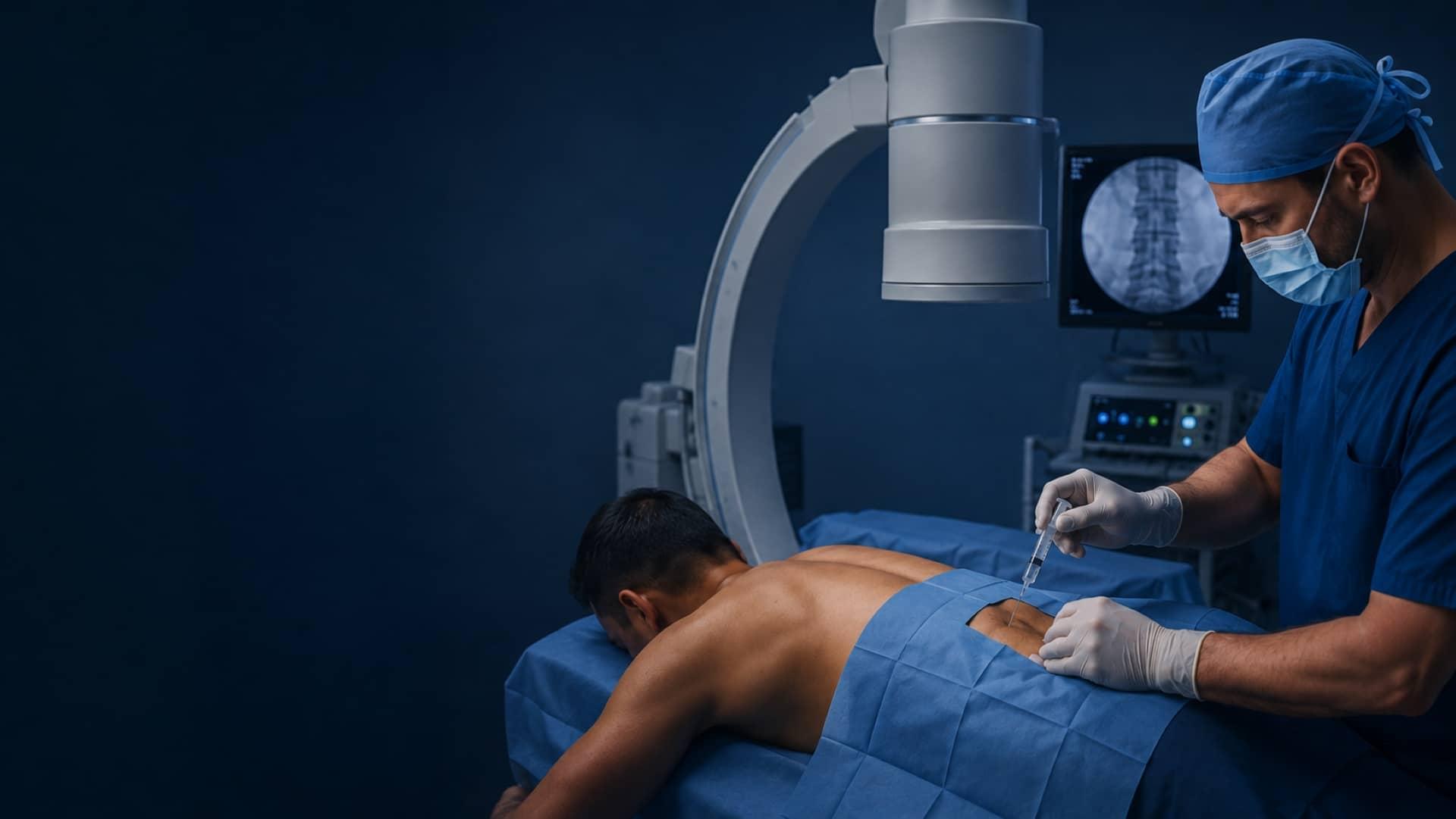 A pain specialist performing a fluoroscopy-guided facet joint injection