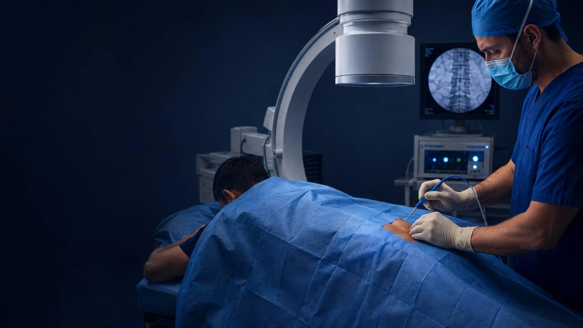 A pain specialist performing a fluoroscopy-guided radiofrequency ablation