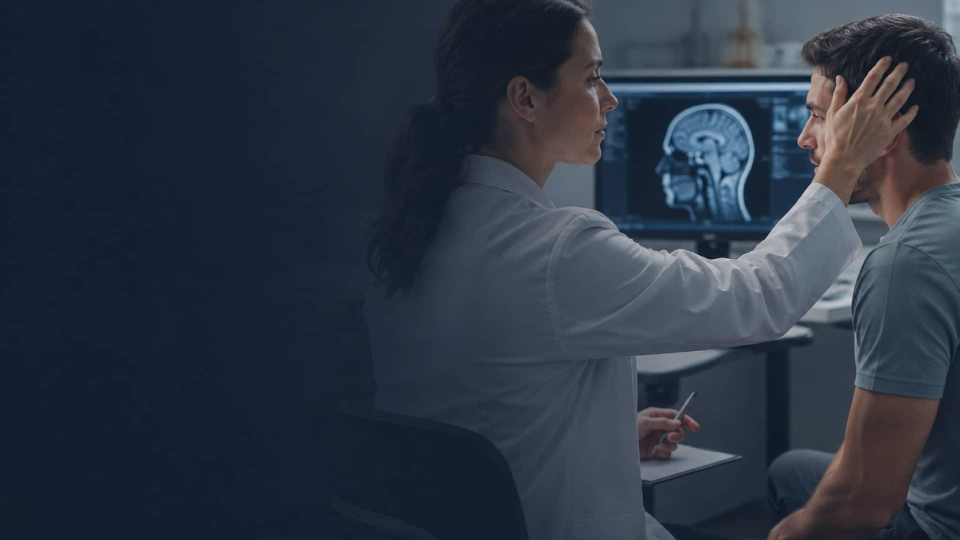 A clinician performing a neurological examination for a patient with a possible brain injury