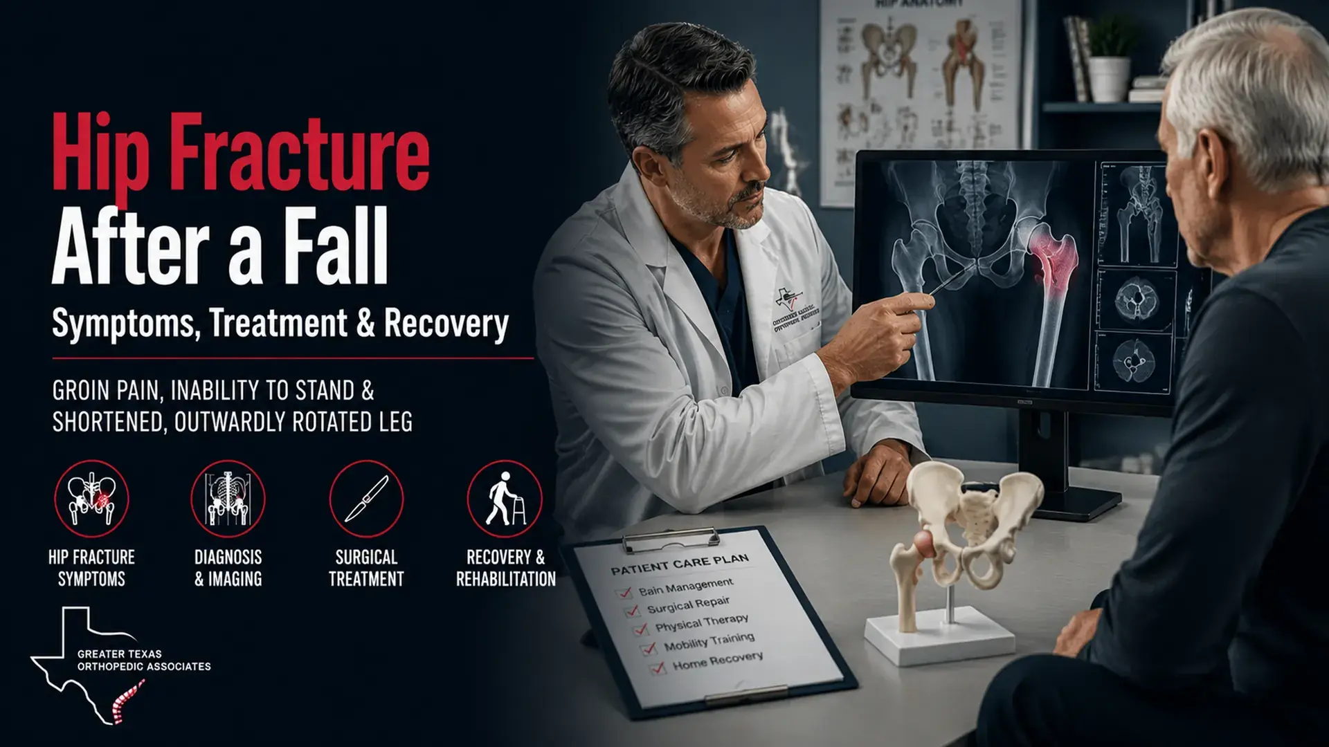 Doctor discussing a hip fracture after a fall with an older patient