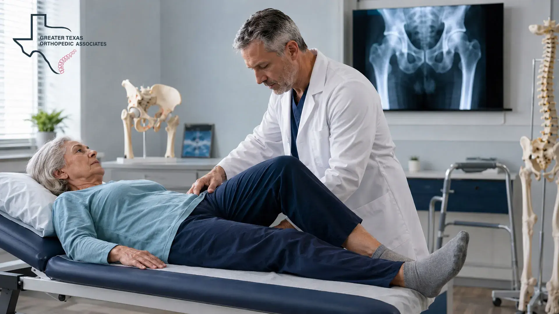 Orthopedic doctor evaluating an older patient with hip pain after a fall