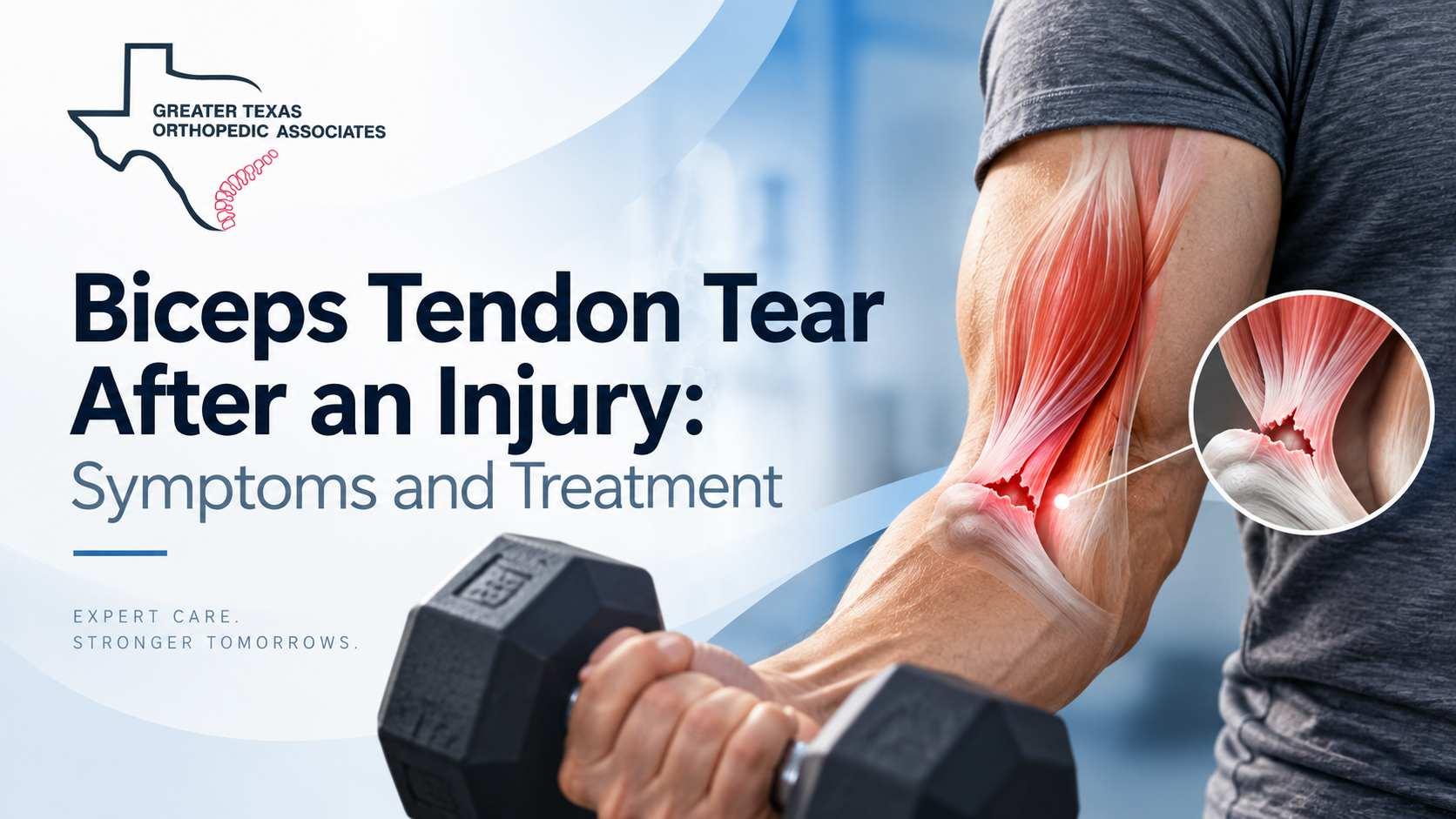 Biceps tendon tear after injury affecting the arm near the elbow
