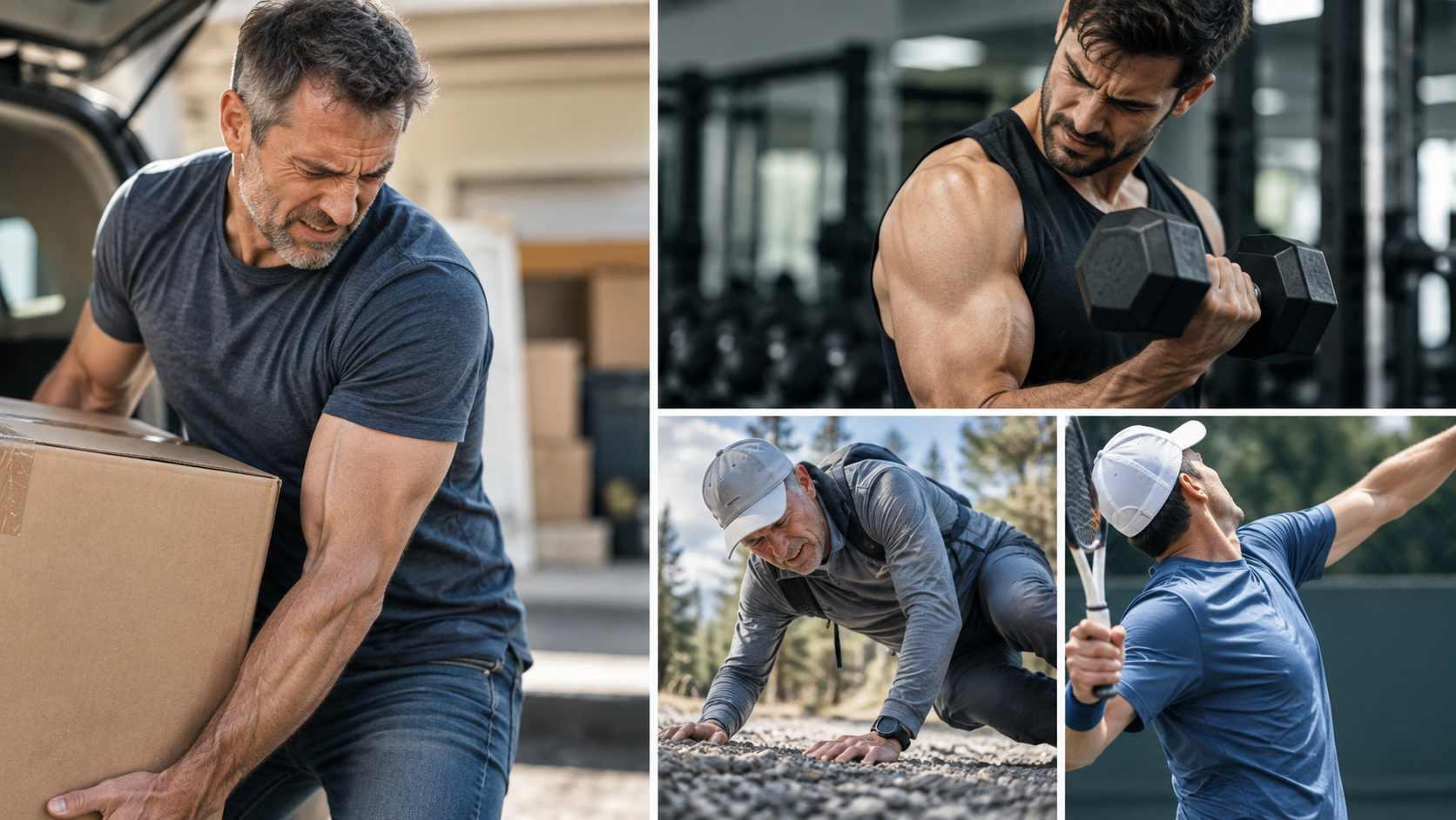 Common biceps tendon tear injury mechanisms including heavy lifting, falls, and sports
