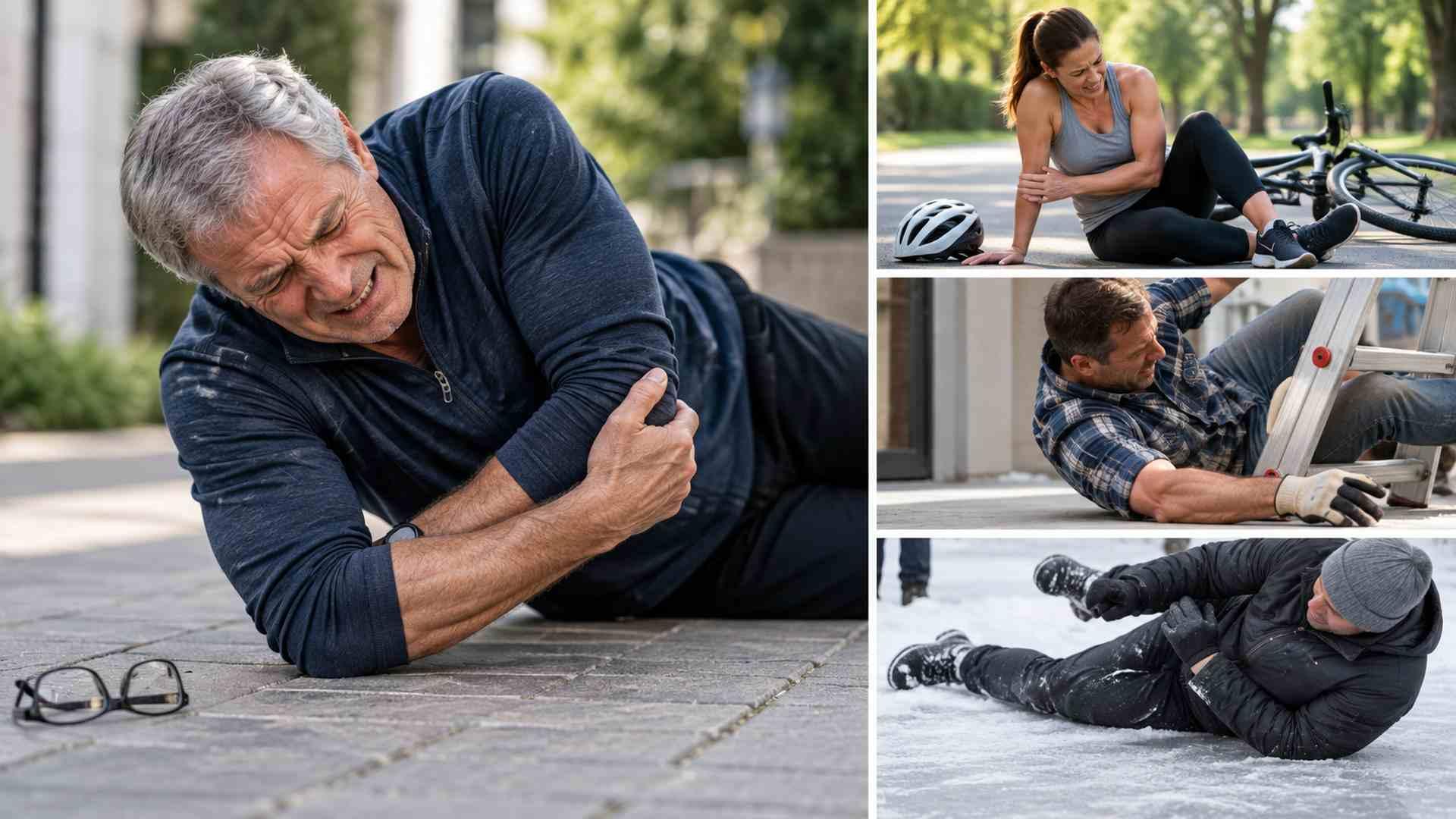 Examples of falls that can cause elbow injuries, including sidewalk, bicycle, ladder, and ice falls.