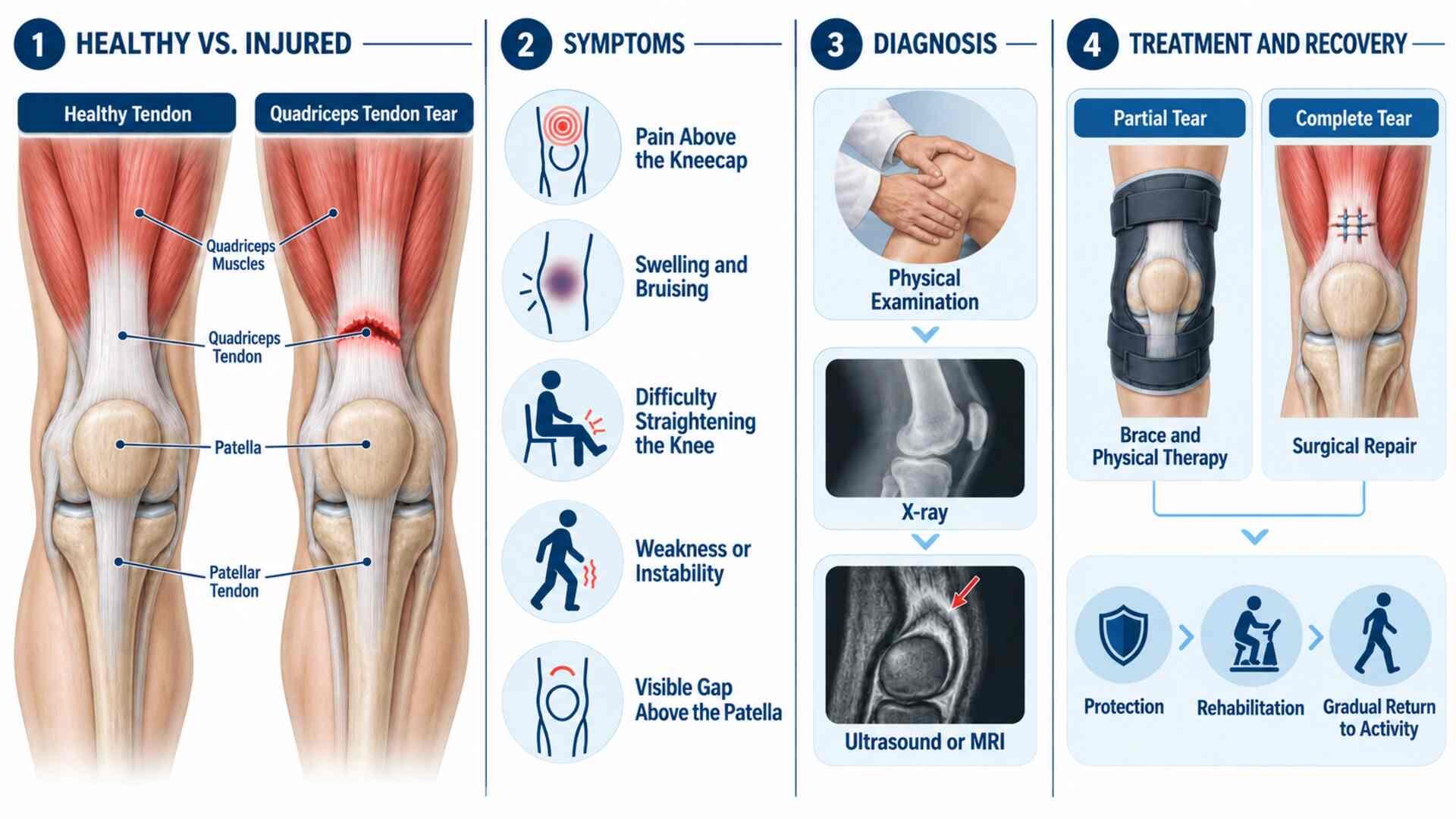 Infographic showing quadriceps tendon tear anatomy, symptoms, diagnosis, and treatment for partial and complete tears.