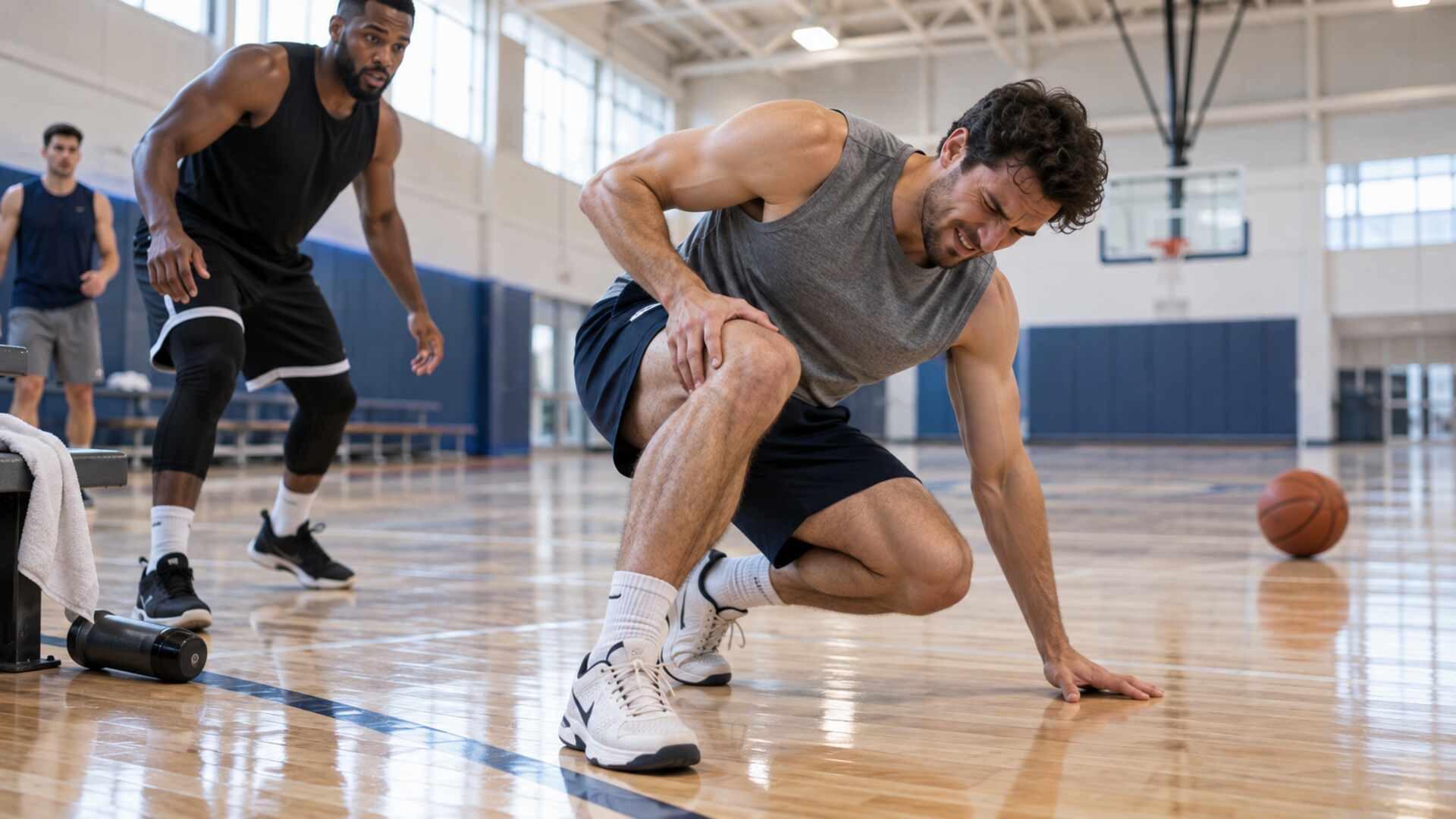 Athlete holding his knee after a sports injury that may involve the quadriceps tendon.