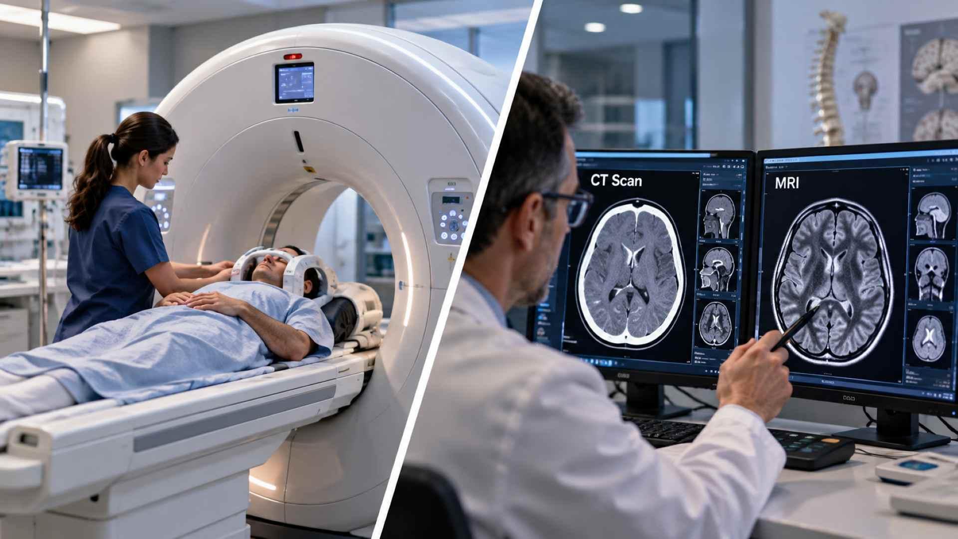 Illustration of a patient undergoing an imaging examination and a clinician reviewing CT and MRI images