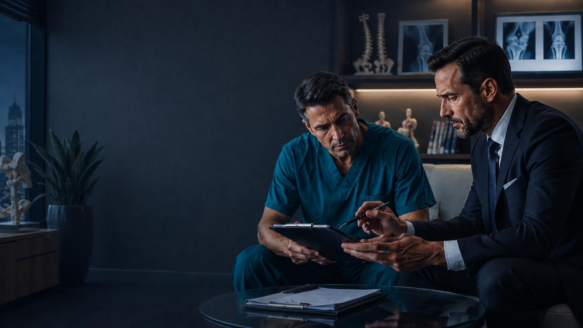 A physician and an attorney reviewing a client's medical record together on a tablet