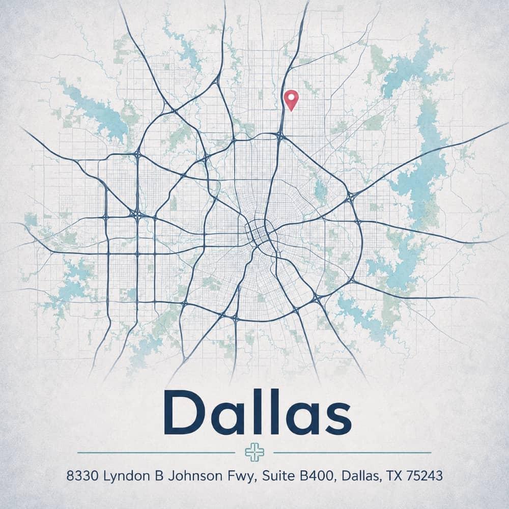 Street map of Dallas marking the GTOA clinic at 8330 Lyndon B Johnson Fwy