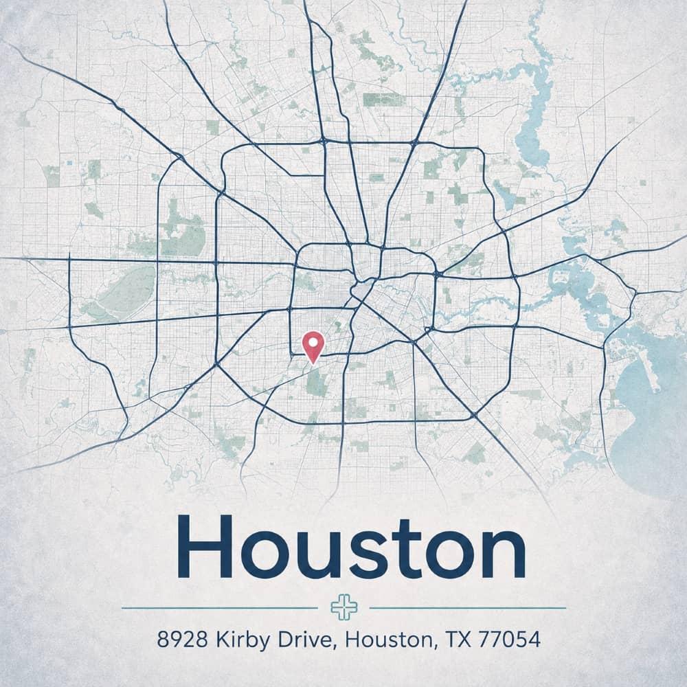 Street map of Houston marking the GTOA clinic at 8928 Kirby Drive