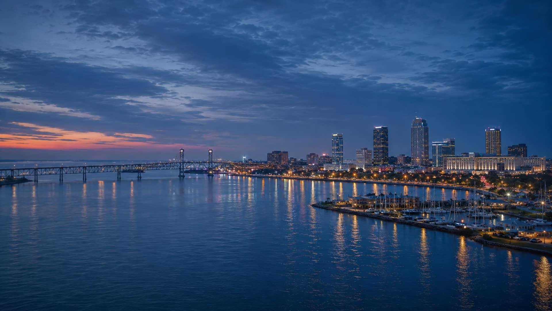 Corpus Christi waterfront skyline at dusk