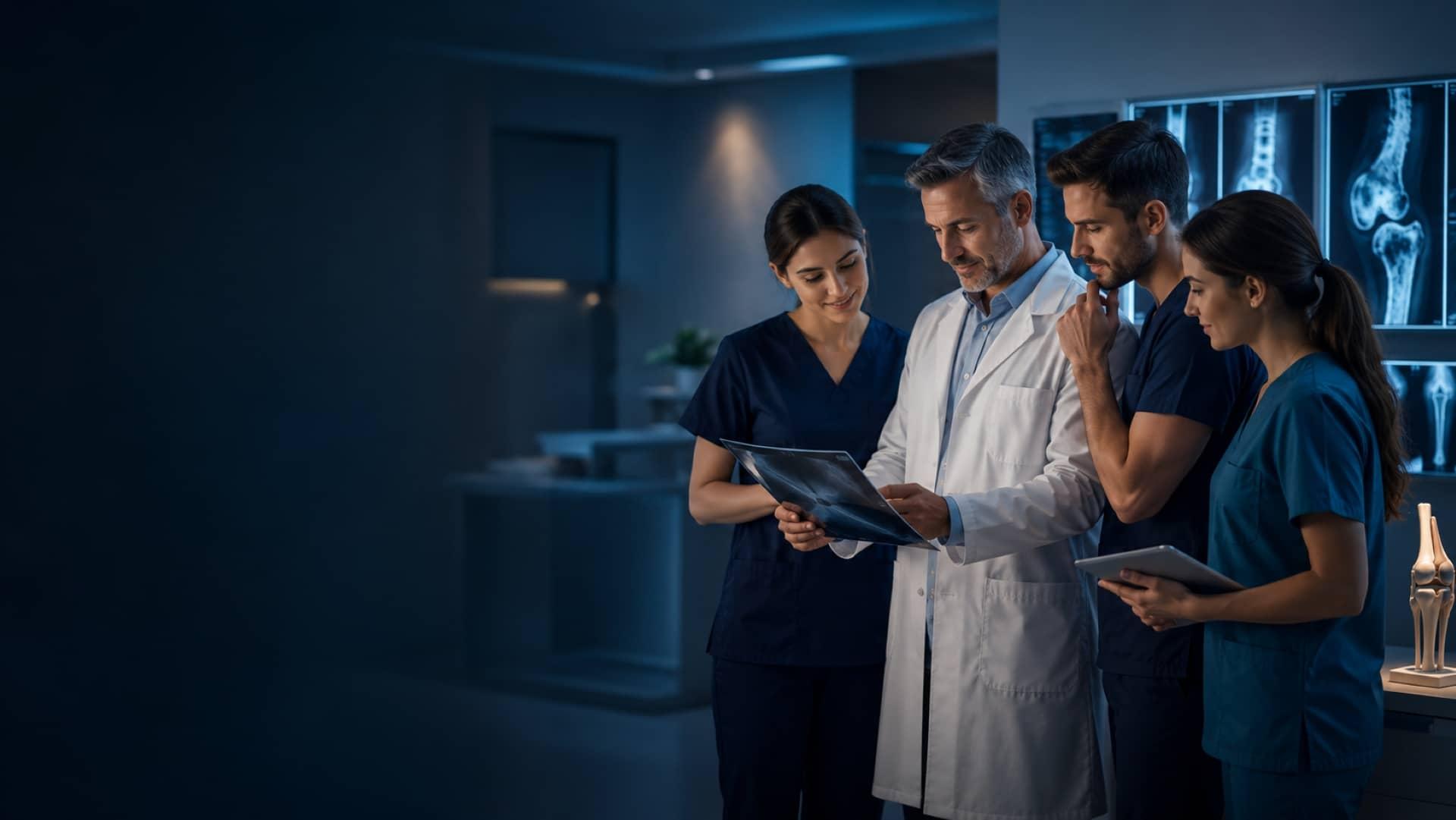 A multidisciplinary orthopedic team reviewing medical imaging together in a clinic