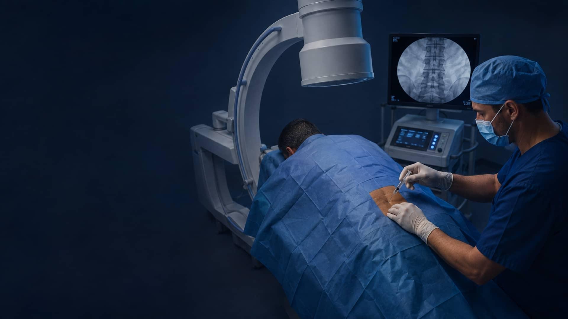 A pain specialist performing a fluoroscopy-guided spinal injection