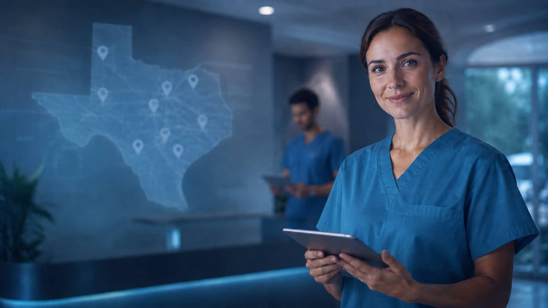 A GTOA clinical coordinator in a Texas clinic with a map of clinic locations behind her
