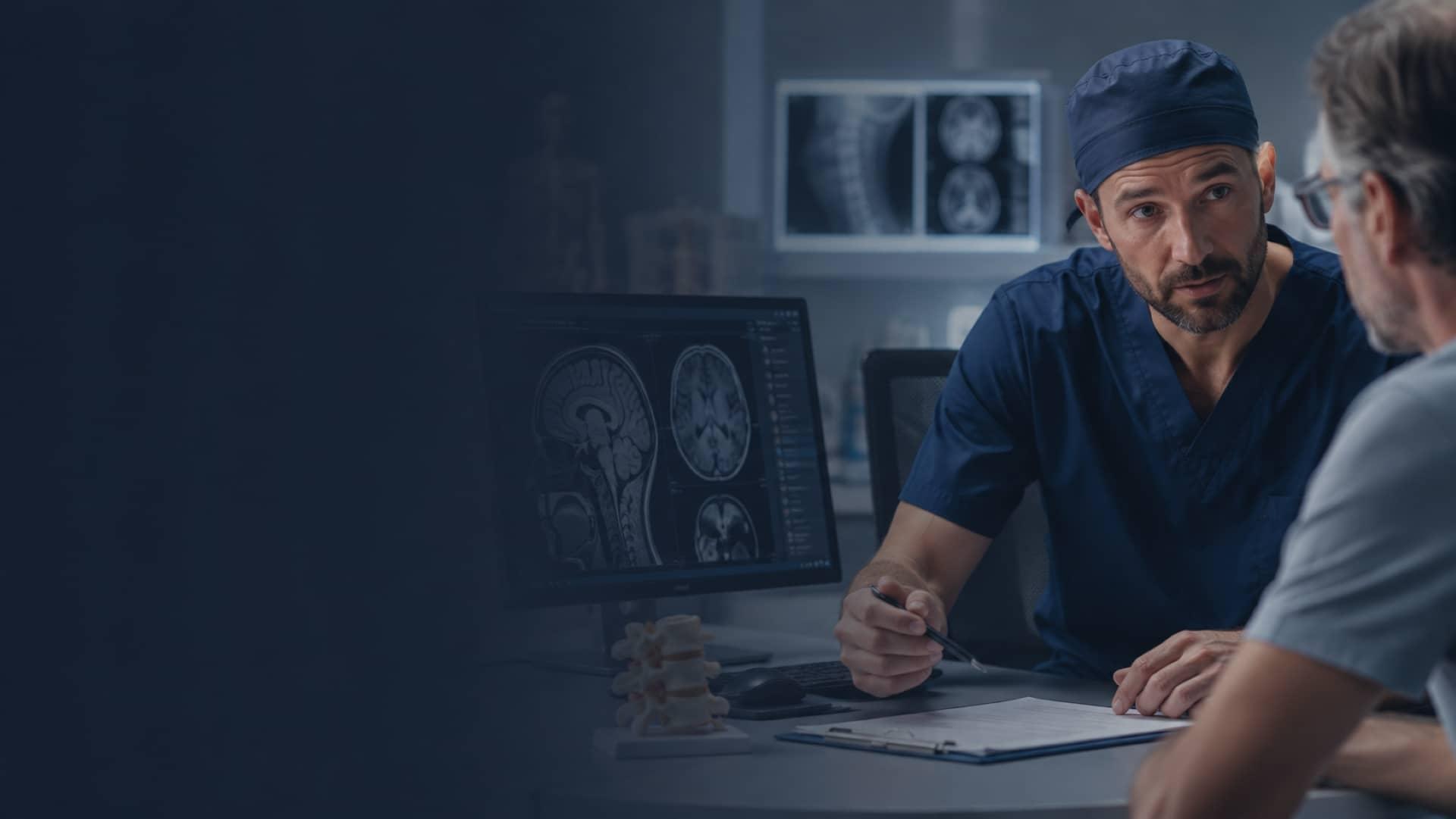 A neurosurgeon discussing brain and spine imaging with a patient
