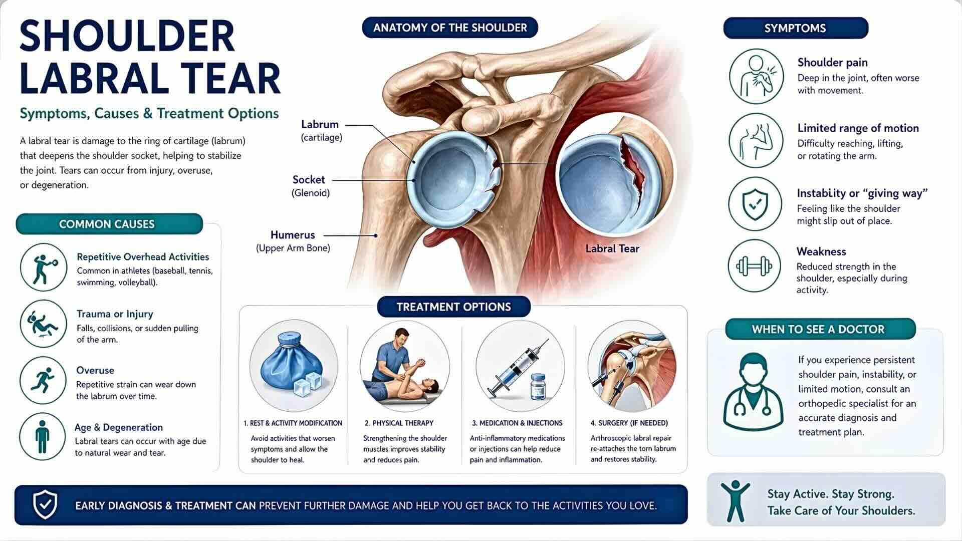 Shoulder labral tear diagram showing anatomy, symptoms, causes, and treatment options