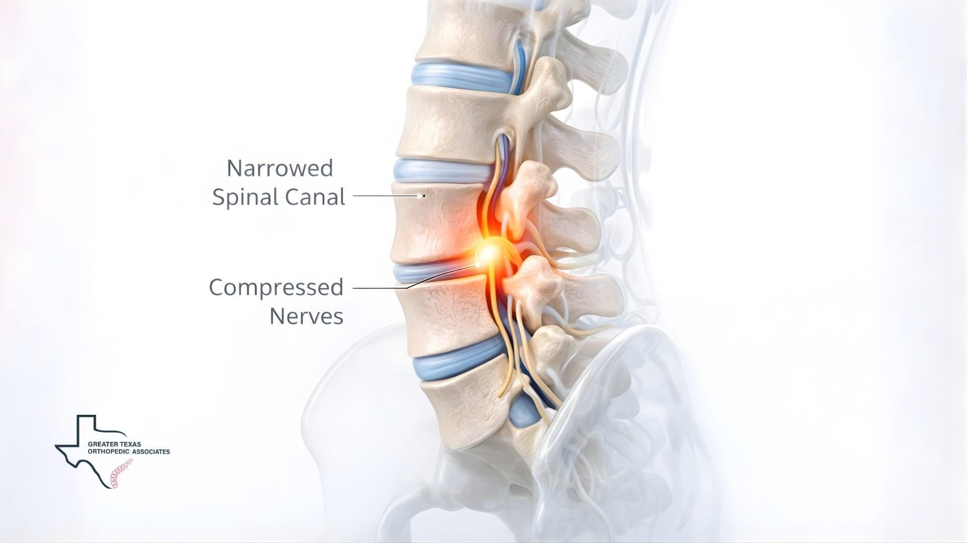Illustration of spinal stenosis showing a narrowed spinal canal and compressed nerves in the lower back