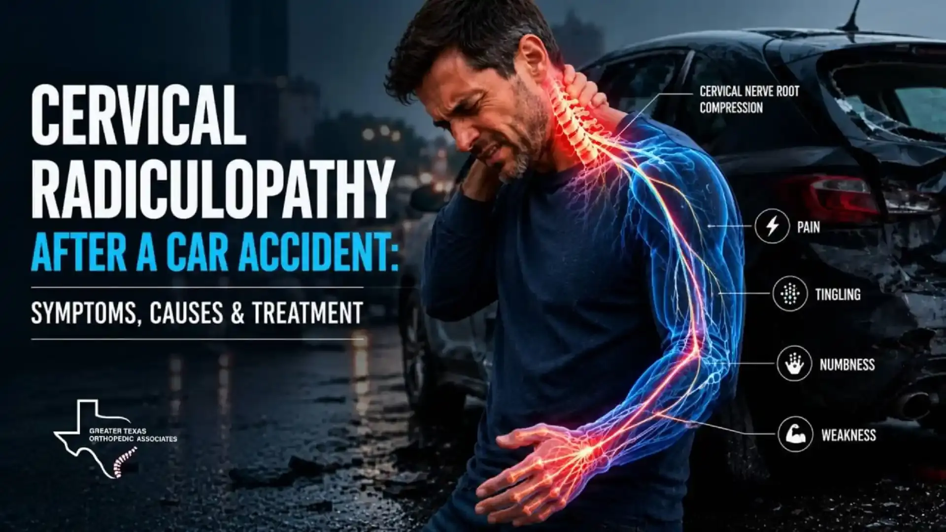 Cervical radiculopathy after a car accident causing neck pain, arm tingling, numbness, and weakness