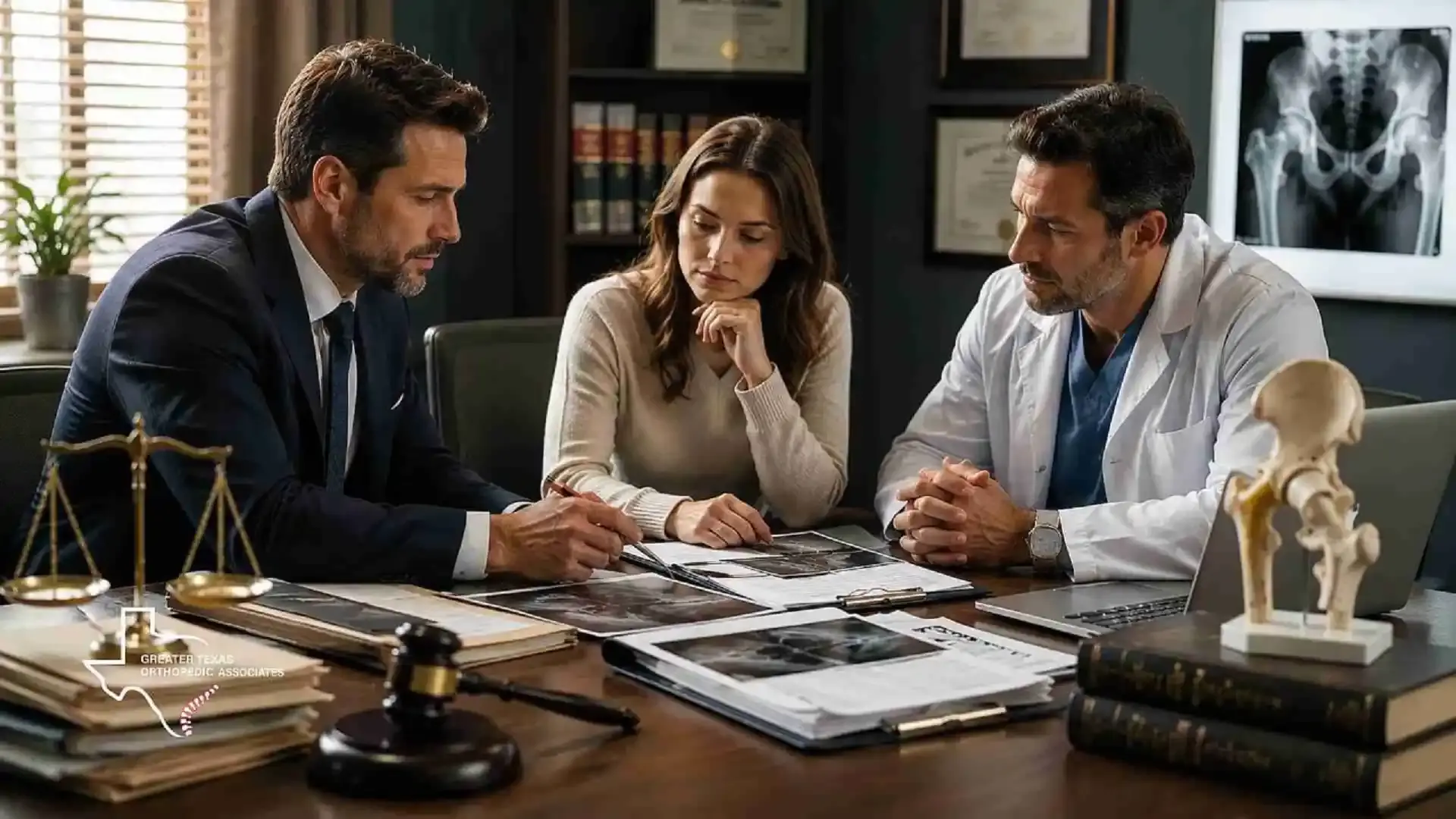 Orthopedic doctor reviewing hip imaging with a patient and attorney for a hip labral tear injury case