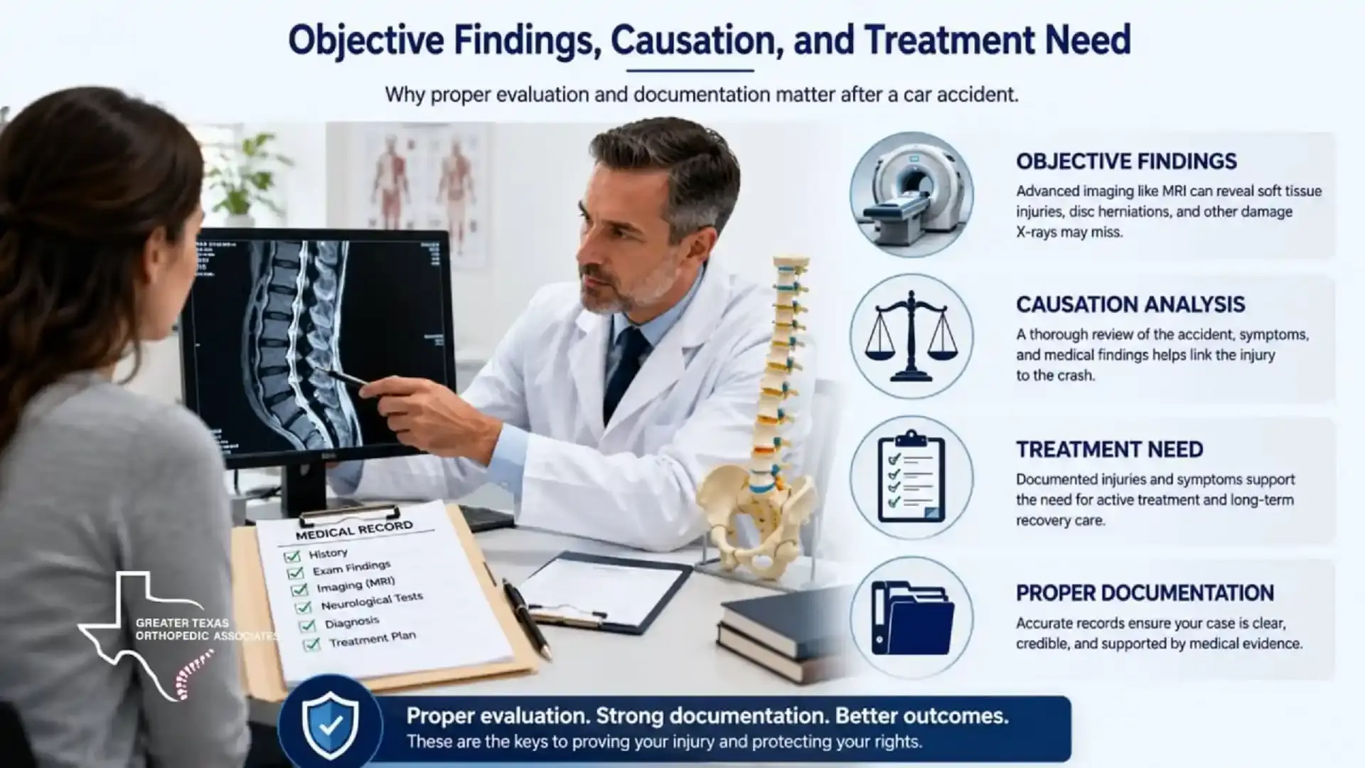 Orthopedic doctor explaining objective findings causation and treatment need after a car accident