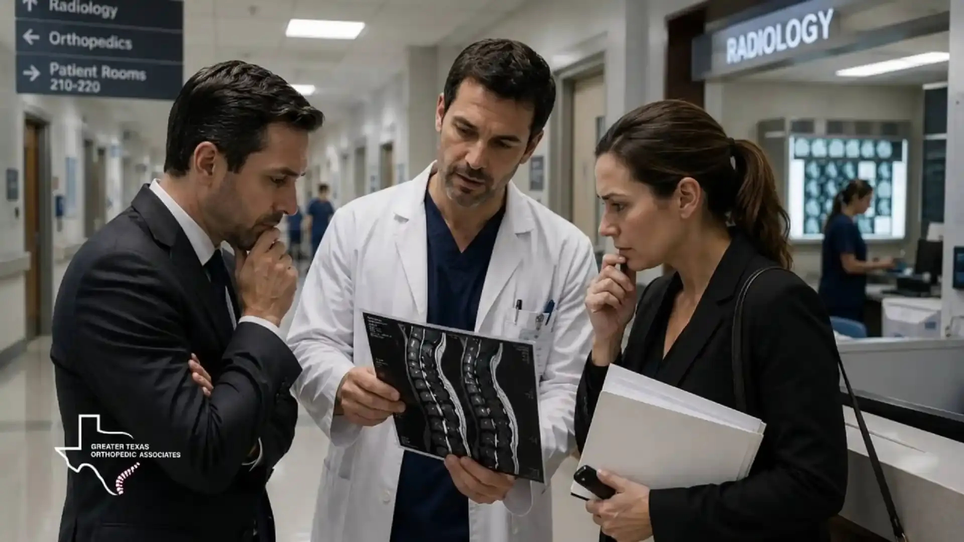Orthopedic doctor reviewing cervical spine MRI with legal team after a car accident injury
