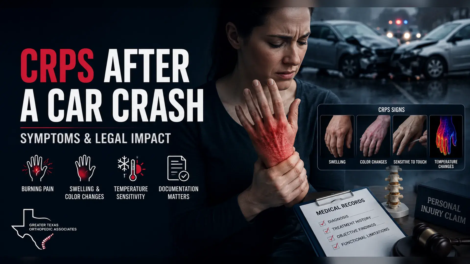CRPS after car accident symptoms including burning pain swelling and color changes