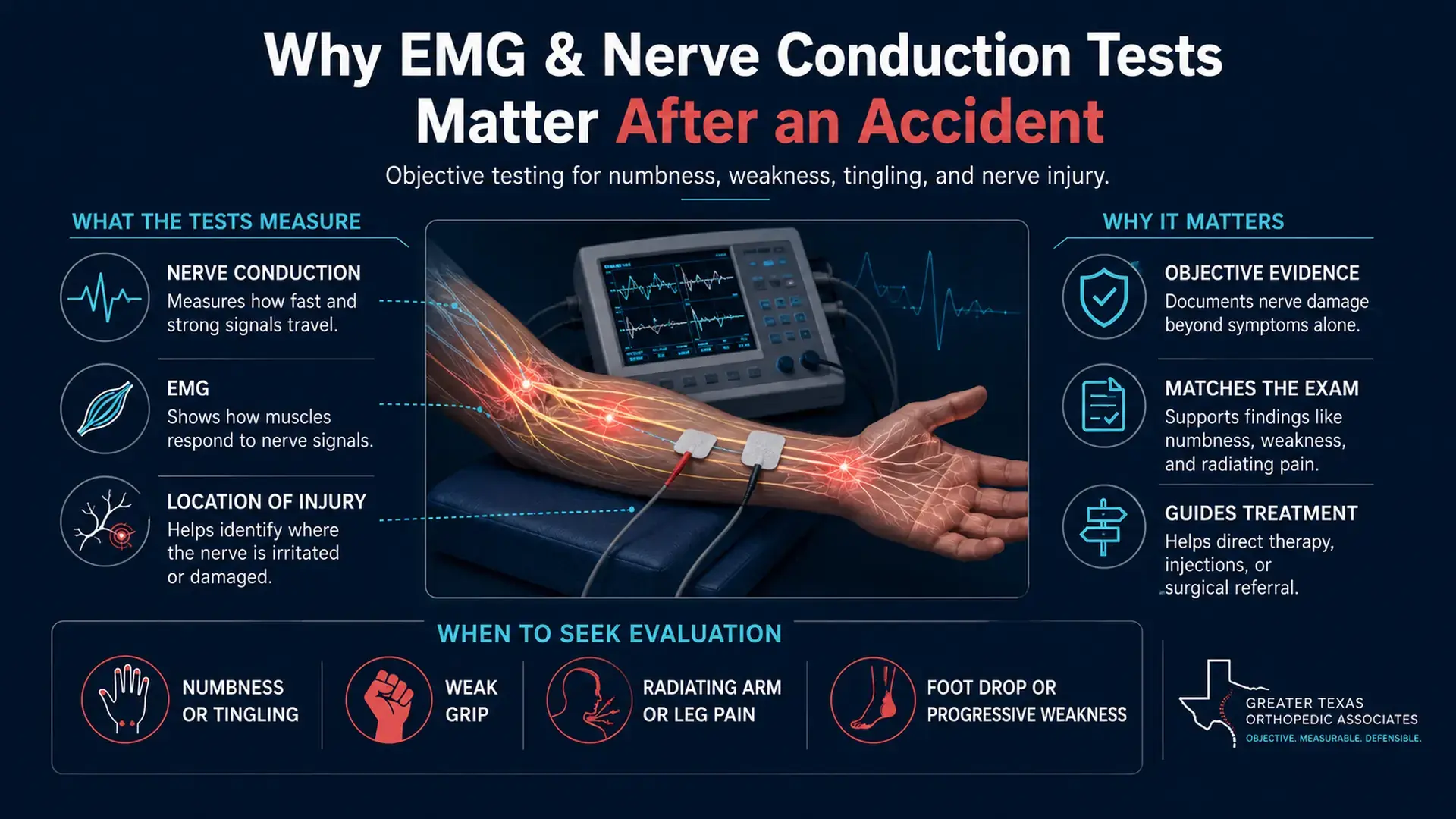 Infographic explaining EMG and nerve conduction testing after an accident