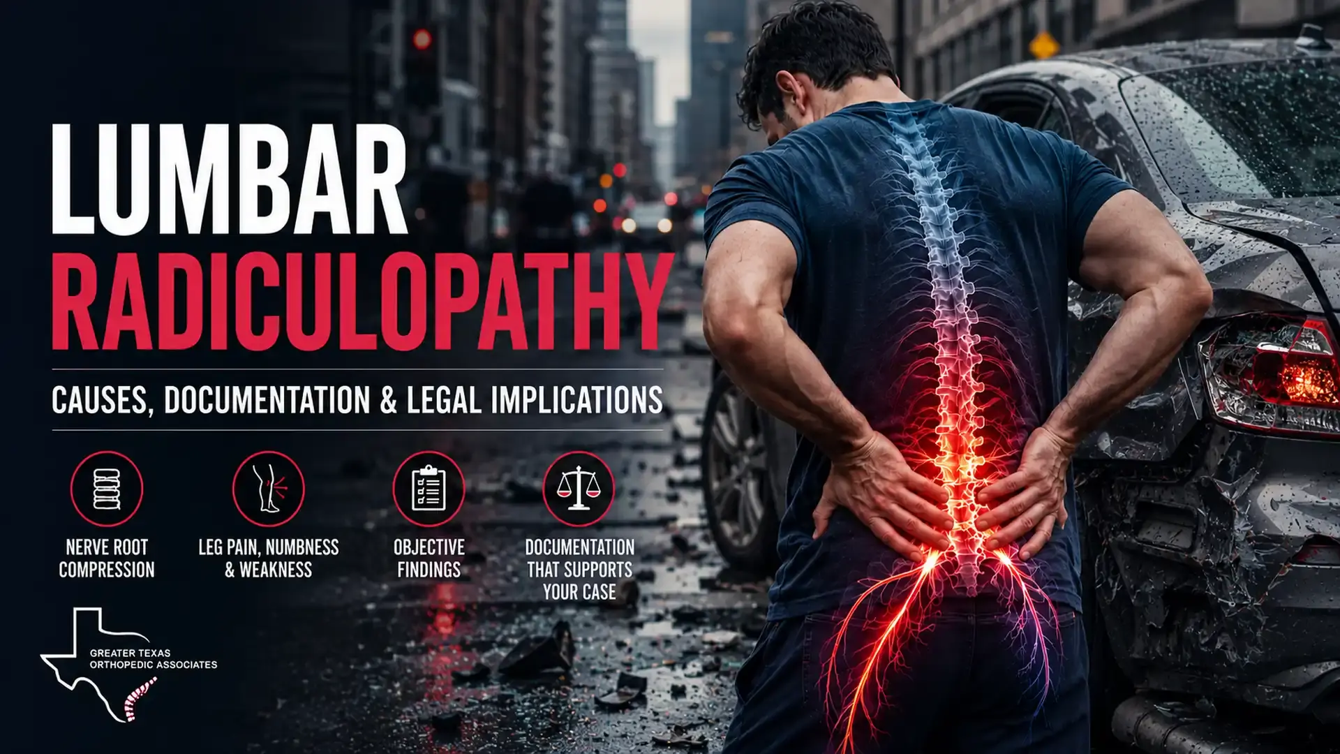 Lumbar radiculopathy after a car accident causing lower back pain and leg nerve symptoms