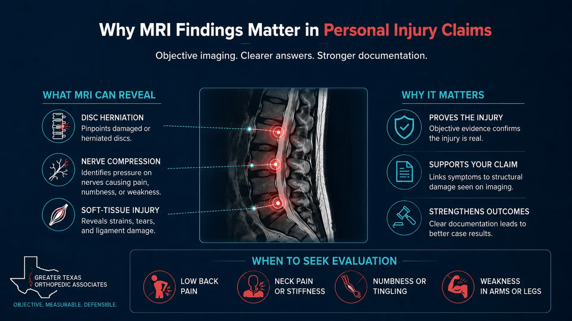 MRI findings in personal injury claims infographic showing disc herniation, nerve compression, and soft tissue injury