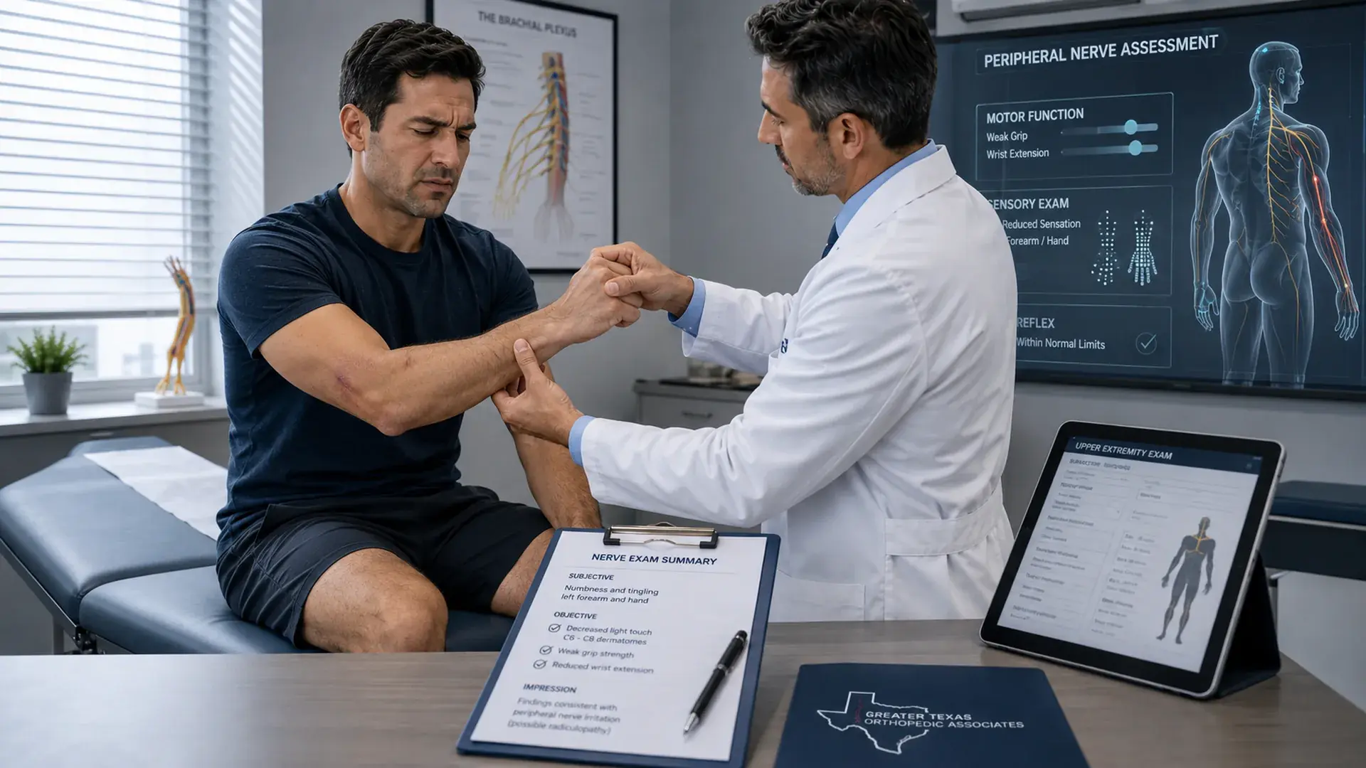 Doctor performing a peripheral nerve assessment after a car accident