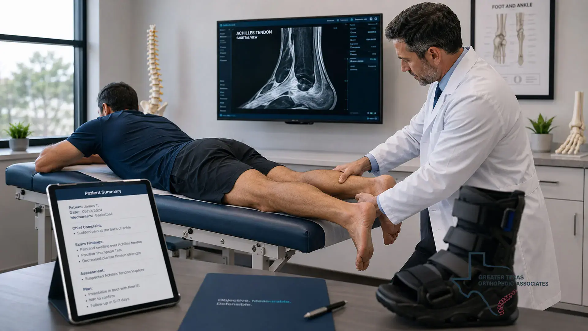 Orthopedic specialist examining the Achilles tendon of a patient with a suspected rupture