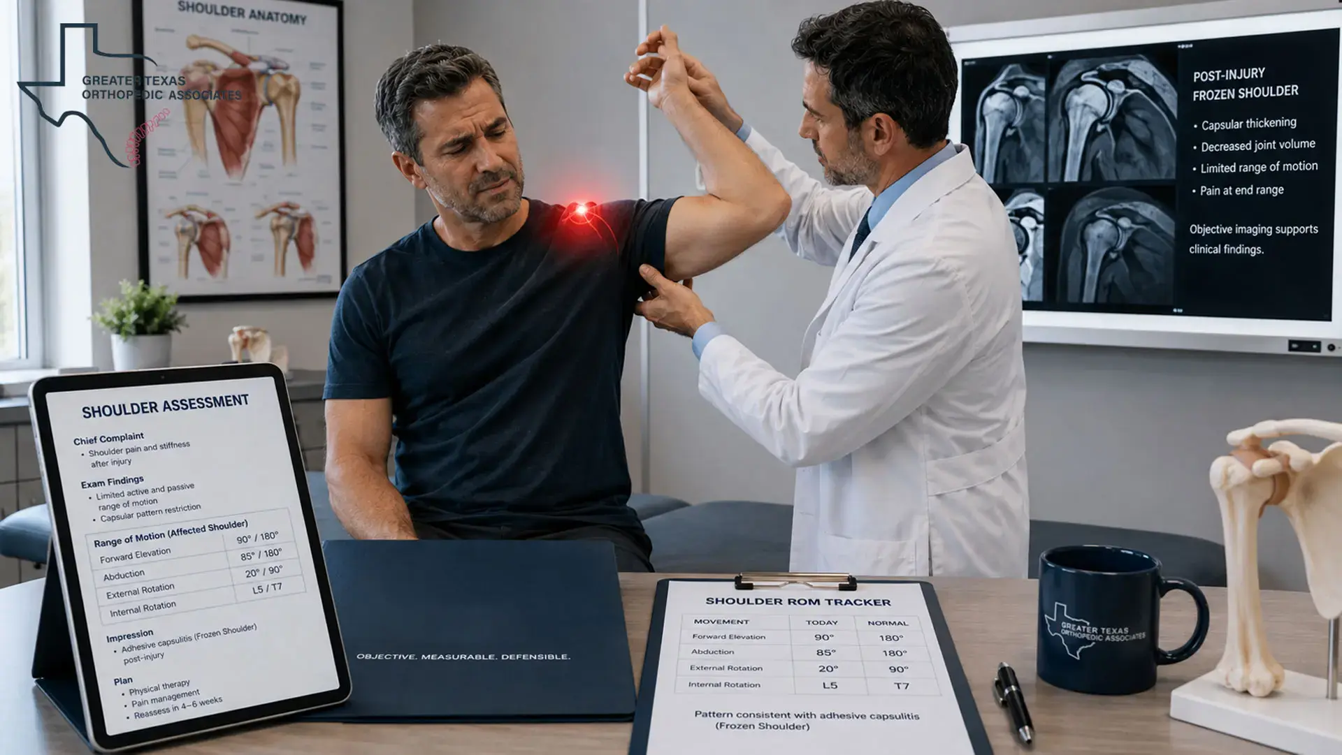 Orthopedic specialist evaluating shoulder range of motion in a patient with frozen shoulder after injury