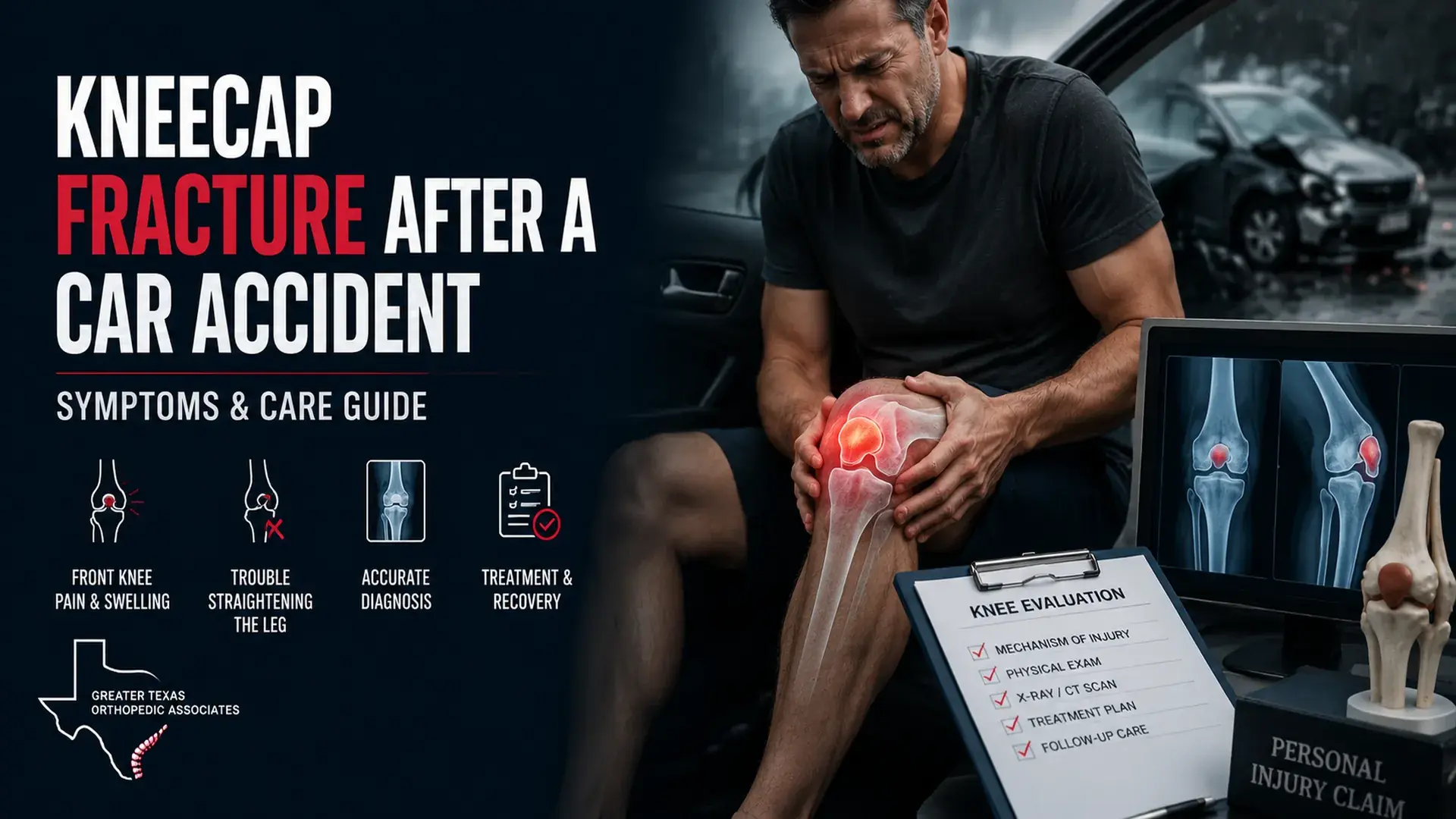 Man with knee pain after a car accident and a suspected kneecap fracture