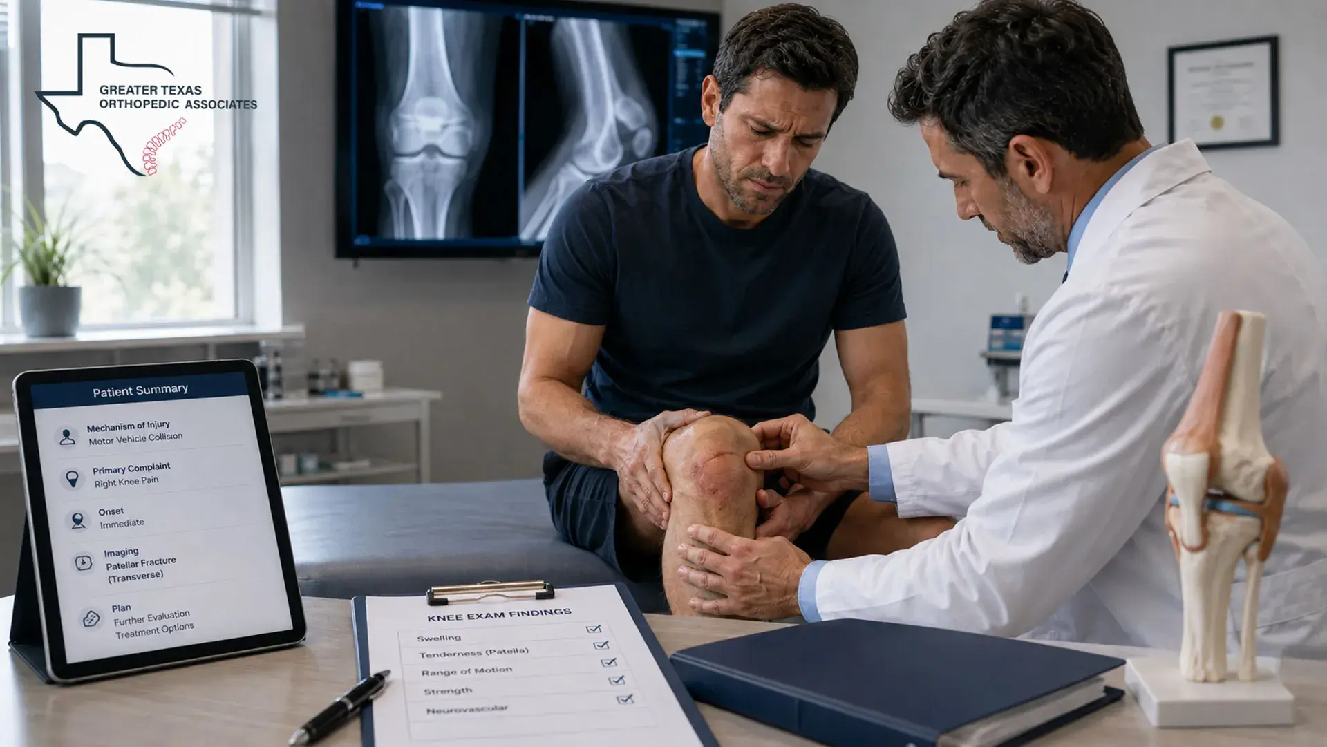 Orthopedic doctor examining a patient with a suspected kneecap fracture after a car accident