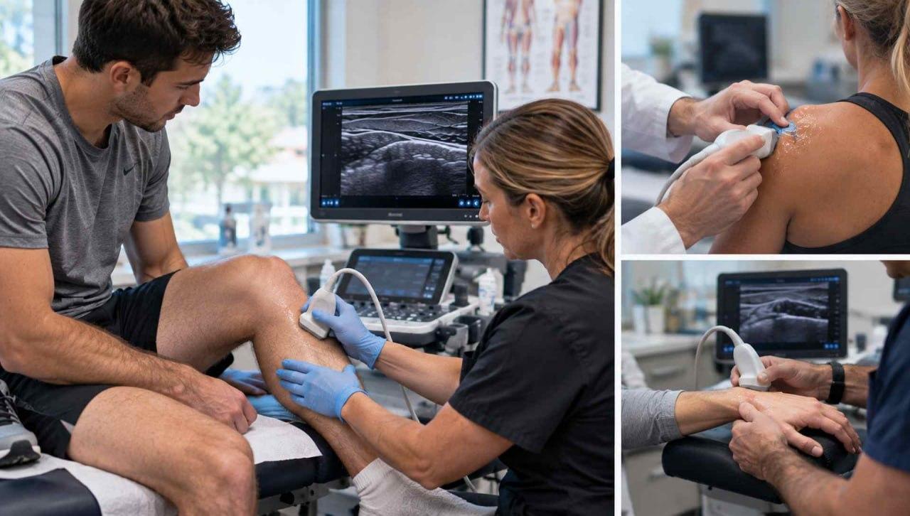 Examples of musculoskeletal ultrasound examinations of the knee, shoulder, and wrist.
