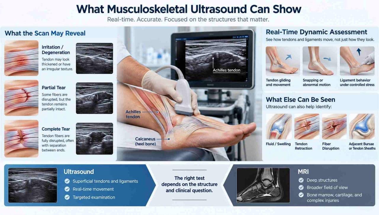 Infographic showing tendon tears, ligament movement, ultrasound findings, and differences between ultrasound and MRI.