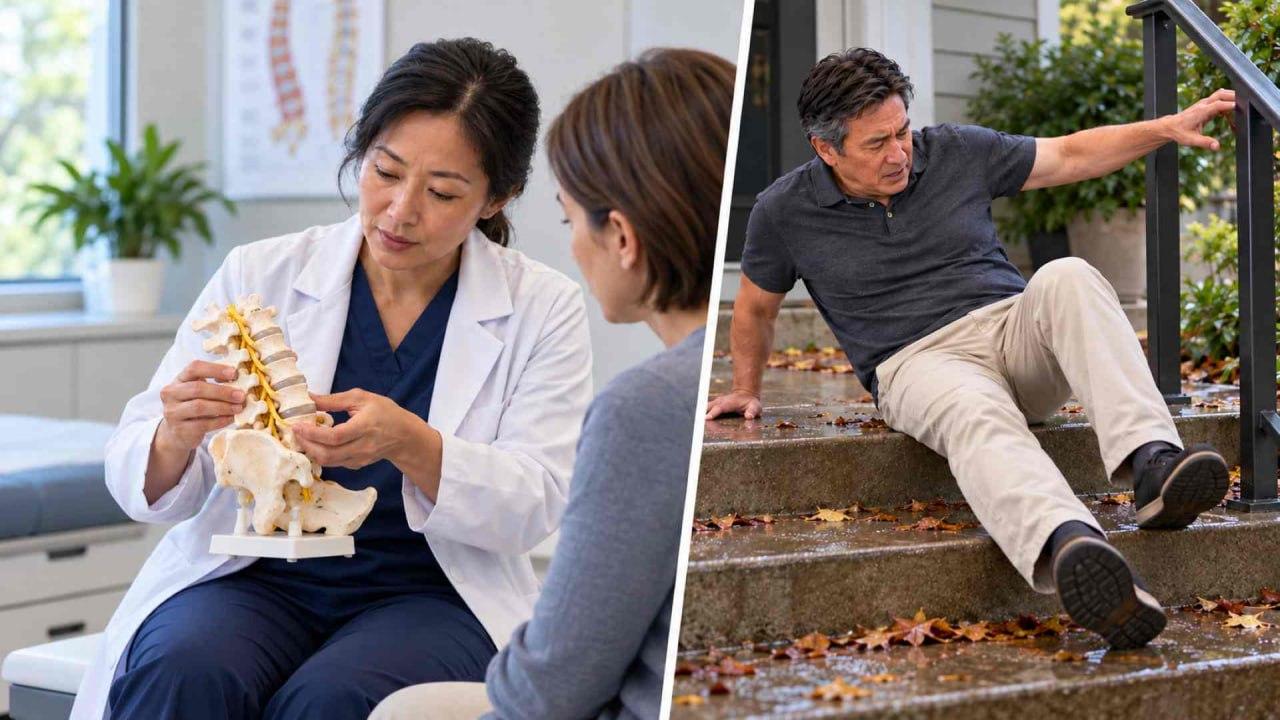 Clinician discussing spine-related pain with a patient and a person experiencing back or leg pain during daily activity.