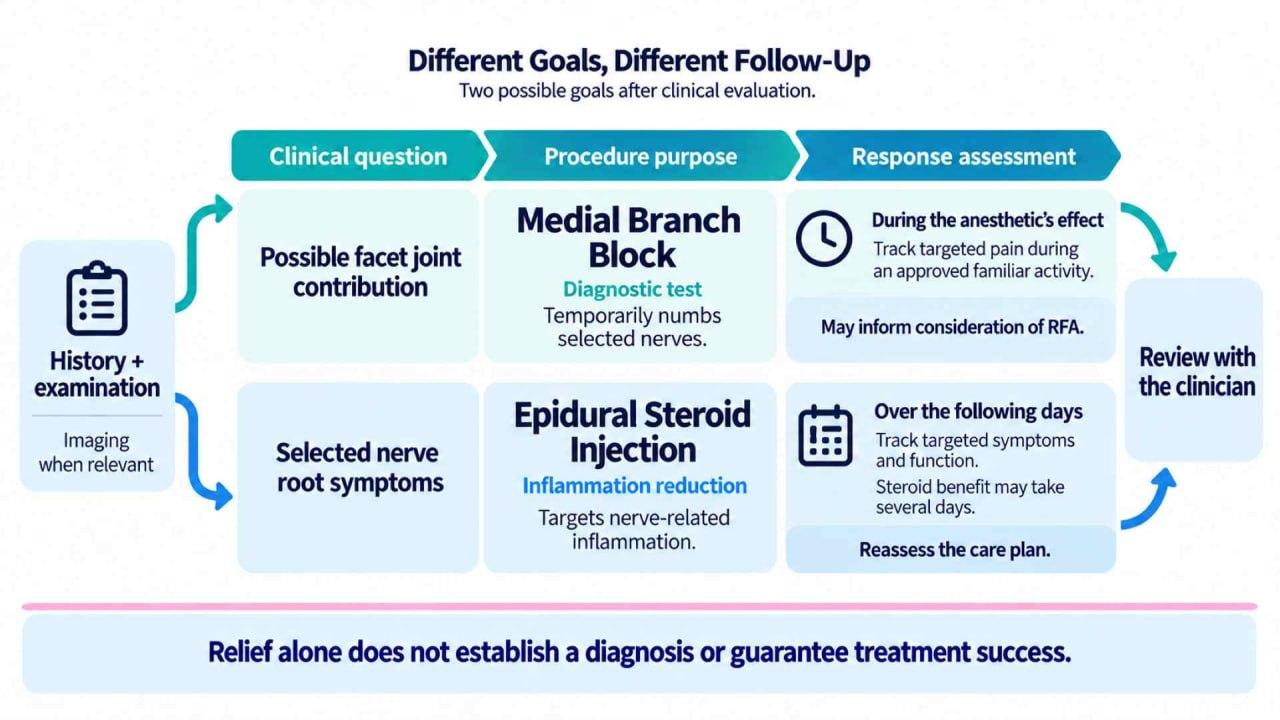 Infographic comparing medial branch block and epidural steroid injection goals, response timing, and follow-up.