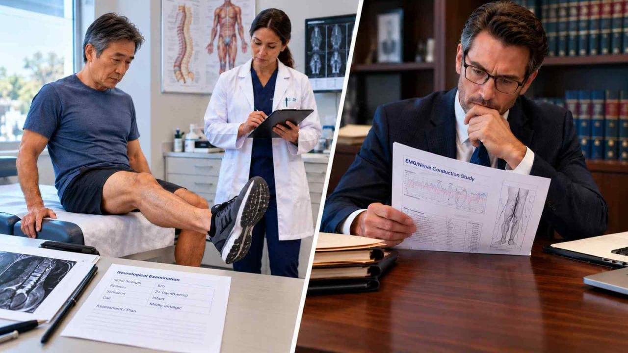 Clinician performing a neurological leg examination while an attorney reviews electrodiagnostic injury records.