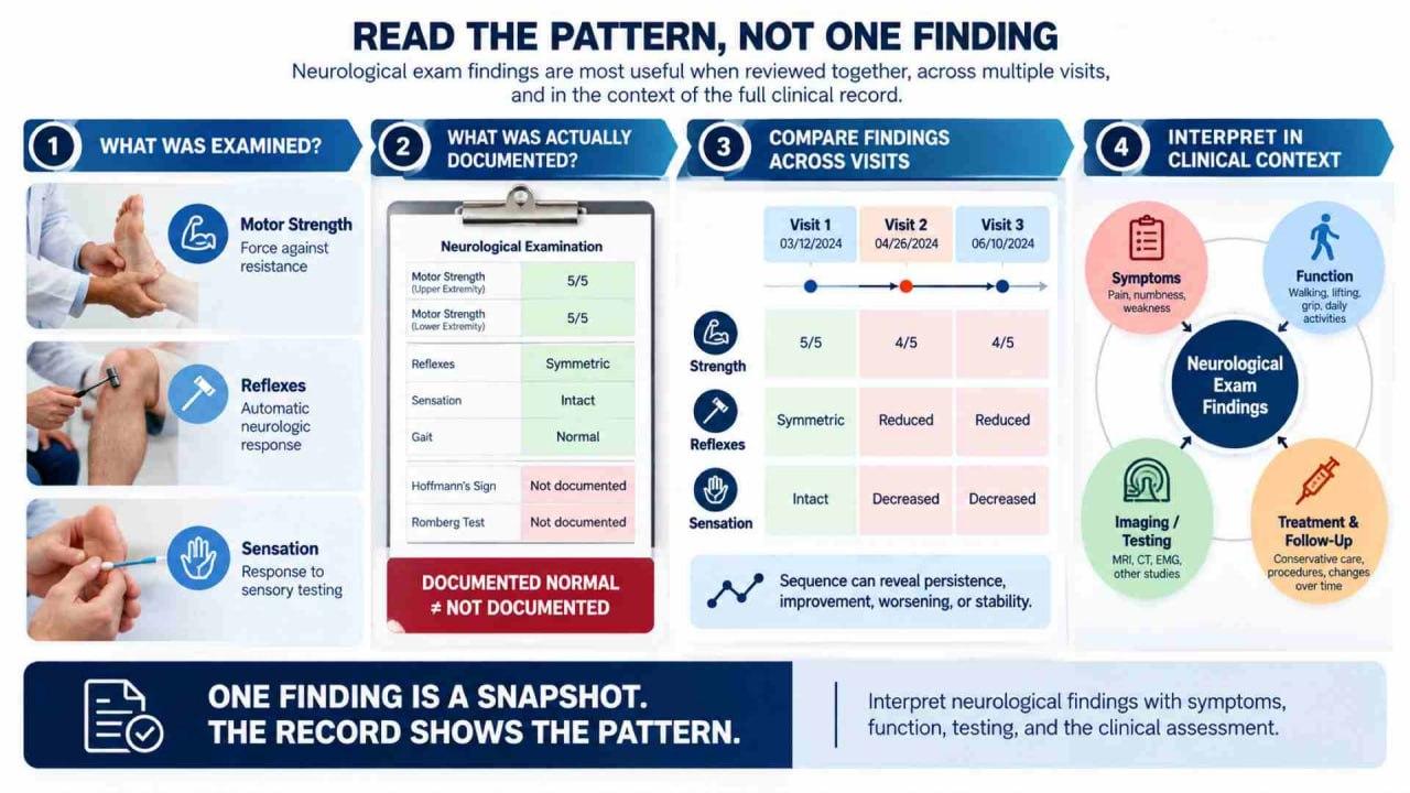 Infographic showing how strength, reflex, and sensory findings should be compared across medical visits and interpreted in clinical context.