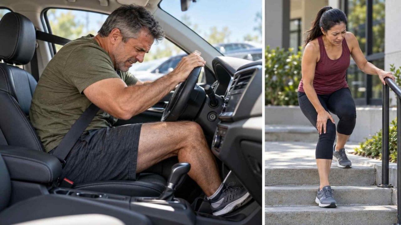 Person with knee pain after a dashboard injury and difficulty descending stairs from possible PCL instability.