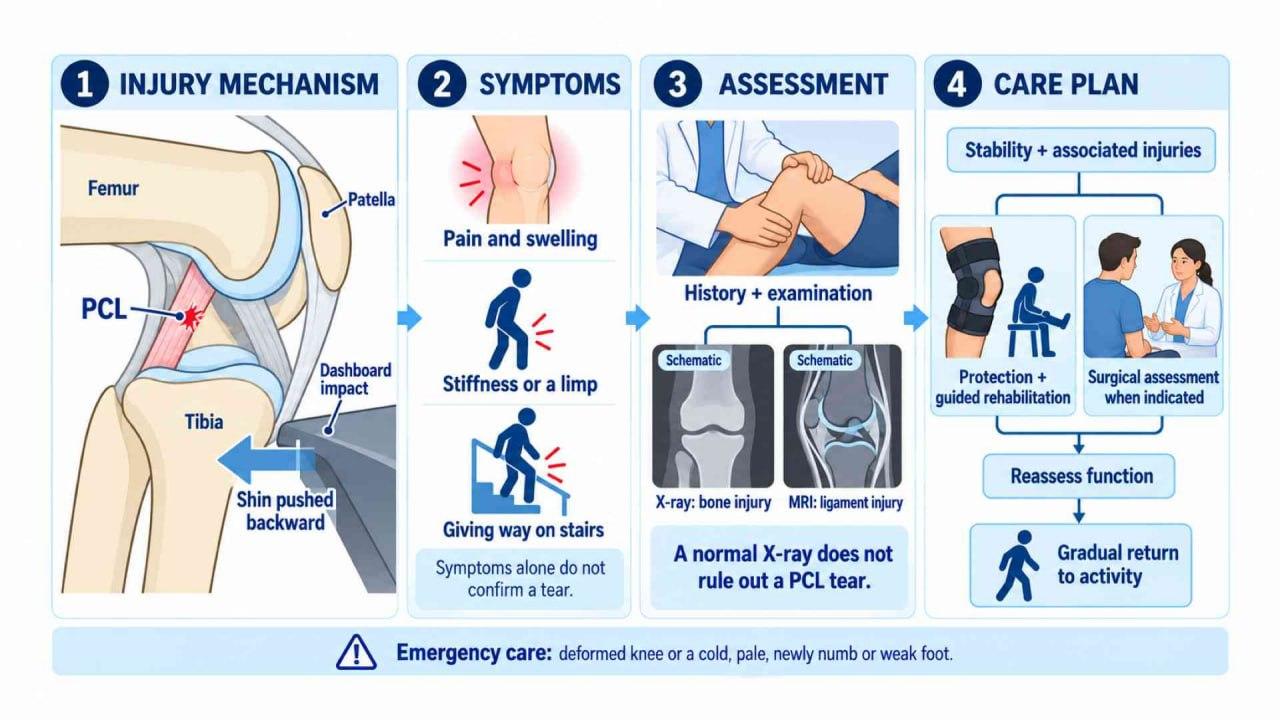 Infographic showing PCL injury mechanism, symptoms, diagnosis with X-ray and MRI, and treatment options.