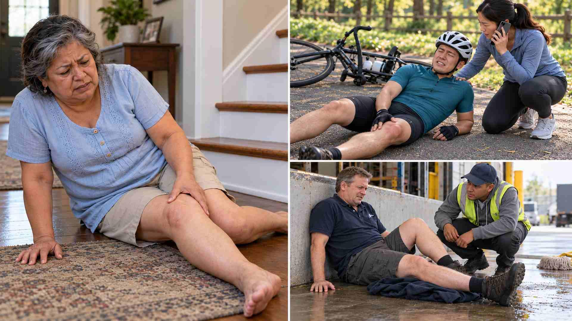 scenes of people with knee pain after falls at home, while cycling, and at work