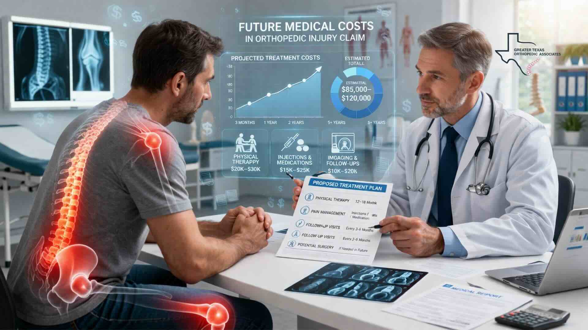 Doctor explaining future medical costs in personal injury claims with orthopedic patient including treatment plan and cost estimates